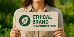 Frau hält Schild mit der Aufschrift Ethical Brand Communication und einem Blatt-Symbol vor grünem Hintergrund.