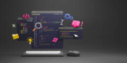 3D-Illustration eines Computerarbeitsplatzes mit Programmcode und bunten Symbolen auf schwarzem Hintergrund.