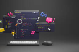 3D-Illustration eines Computerarbeitsplatzes mit Programmcode und bunten Symbolen auf schwarzem Hintergrund.