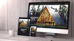Moderne Architektur-Website auf Computer, Tablet und Smartphone. Responsives Design zeigt stylisches A-Frame-Haus.