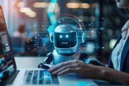 Frau programmiert einen Roboter am Laptop, moderne Technologie und KI-Interaktion im Büro.