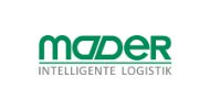 Logo der Firma Mader mit grünem Schriftzug Intelligente Logistik auf weißem Hintergrund.